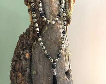 Balance & Protection of the Bodies 108 bead Mala Necklace Dalmatian Jasper, Black Obsidian, Lava Stone Hand made tassel. Ho'oponopono style