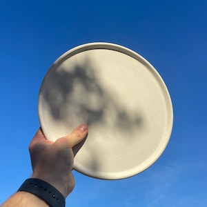 May include: A white round plate held up against a bright blue sky. The plate has a shadow of a tree branch on it.