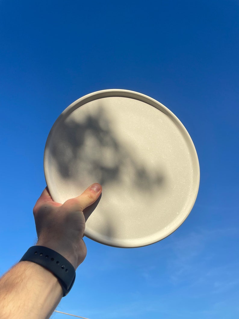 May include: A white round plate held up against a bright blue sky. The plate has a shadow of a tree branch on it.