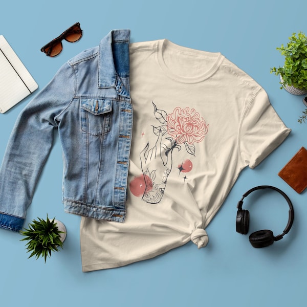 Bio T-Shirt für Damen mit Blume und Hand Bleistiftzeichnung