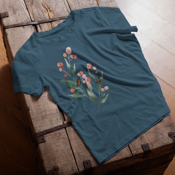 T-shirt bio pour femme avec fleurs et papillons