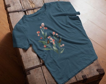 Organic t shirt women, women tshirt flowers and butterflies