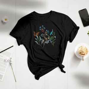 Bio Baumwoll T-Shirt für Damen, Organic Shirt Blumen und Schmetterlinge Bild 4