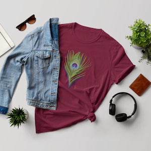 Organic cotton t-shirt peacock feather, sustainably and fairly produced shirt for women and men with animal motif