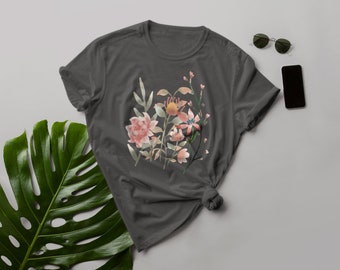 Cottagecore T-Shirt mit Blumen für Damen, Bio Baumwoll Shirt mit Blüten und Blättern, Frauen Top mit floralem Design, Bio Oberteil Pflanzen