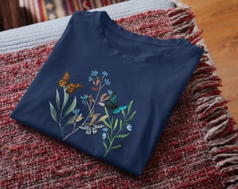 Biologisch katoenen T-shirt voor vrouwen, biologische shirt bloemen en vlinders