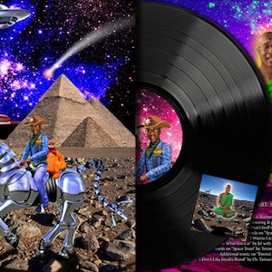 May include: A vinyl record with a black label and a colorful image of a person sitting in a meditative pose. The background is a vibrant purple and pink landscape with a comet streaking across the sky. The text on the record label reads "URT: SPACE RANGER (2007)".