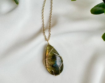 Teardrop Labradorite Necklace: Gold Plated Wire Wrapped Gemstone