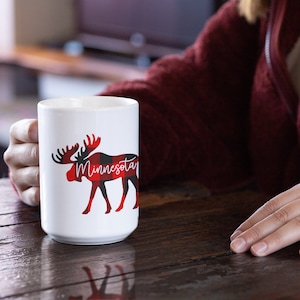 Minnesota Coffee Mug, 15oz Mug, Minnesota Coffee Cup, Minnesota Gifts, MN Mug, Moose Mug, Travel Mug, Buffalo Plaid Mug