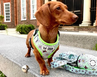 Cute Green Daisy Floral Adjustable Dog Puppy Harness | Soft Padded Harness