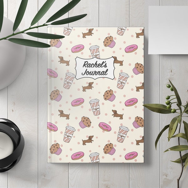 Personalised Sausage Dog Print A5 Hardback Notebook with 128 pages Design your own unique Journal Custom note pad gift with name Donut Cafe