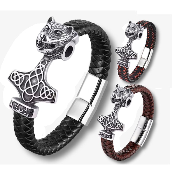 Thors Hammer mit Wolf Herren Edelstahl Schwarz Geschenk für Herren Männer Viking Wikinger Schmuck Geburtstag Wolf Odin