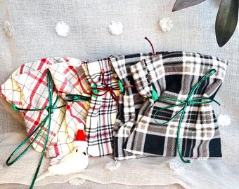 Upcycled Christmas gift bags, festive plaid fabric present/stash bags - 6” x 7”- (sold individually)
