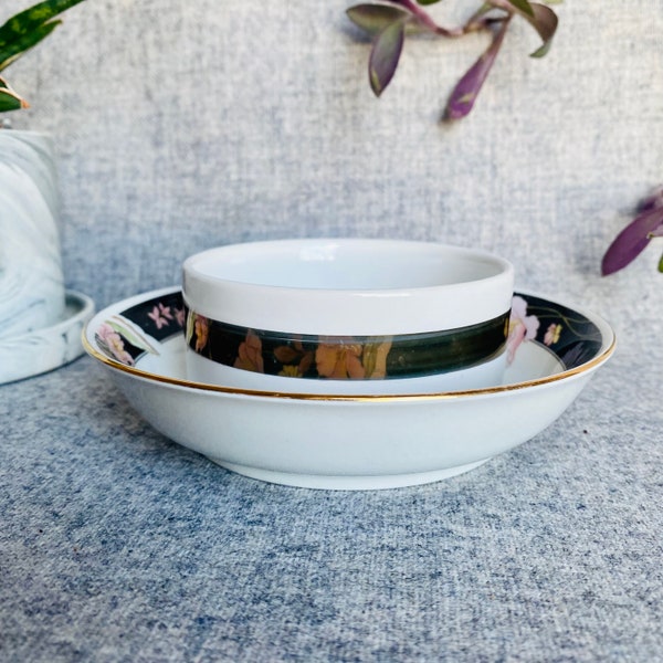 Upcycled white ceramic planter with gold stripe, small pot with drainage hole and floral trim drainage dish