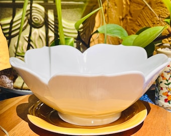 Ceramic flower planter, white 8”x3.5” plant pot with drainage hole and yellow drainage dish