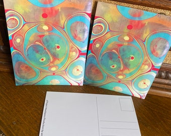 Set of 3 Marbled postcards, original marbled artwork “wax man”. handmade art postcard in vivid color.