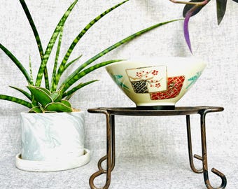 Upcycled ceramic tea planter, 4.5”x2.25” tall pot with drainage and metal dish stand