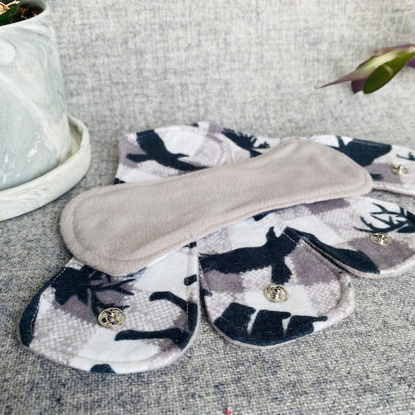 Reusable "intsy" panty-liner, upcycled - plaid animal pattern with gray backing, set of 5, with snap attachment