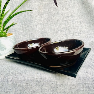 Upcycled dark brown ceramic planter set, small 4” oval shallow plant pots with drainage hole and black plastic drainage dish