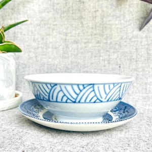 Upcycled Blue Willow Planter, 5.5”x2.5” Tall with Drainage and Matching Dish