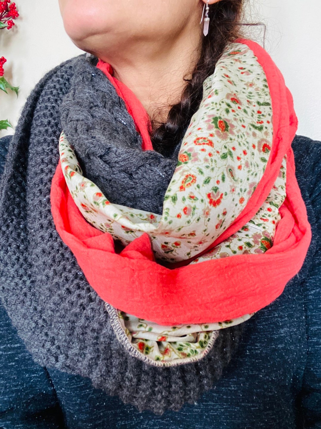 Handmade Infinity Scarf - Coral, Floral, & Gray Knit Cowl Scarf - Etsy
