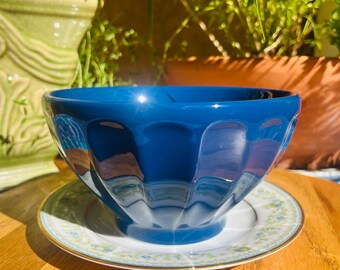 Upcycled blue planter, 5.75”x3.25” tall pot with drainage and antique dish