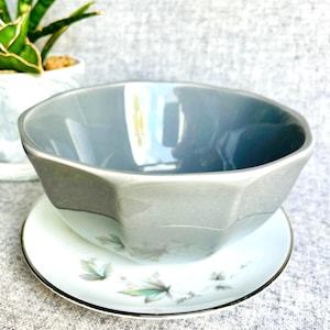 Upcycled Gray Ceramic Planter, 5.75”x 3” Tall Pot with Drainage and Ivy Dish