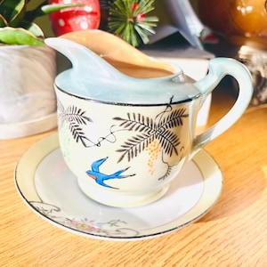 Upcycled lustreware bird planter, 3.5”x 2.75” tall pot with drainage and hand-painted dish