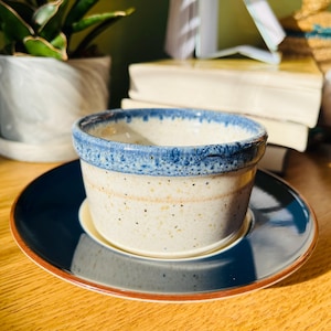 Upcycled ceramic micro planter, 3.5”x2” small plant pot with drainage and matching dish