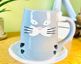 Upcycled Cat Teacup Planter, 3” x 4.25”tall pot with Drainage and dish