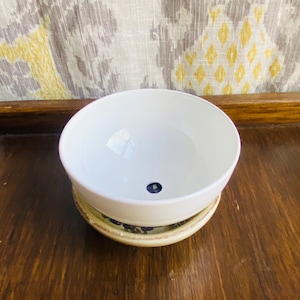 Upcycled small white ceramic planters, small 4.25” x 2” plant pot with drainage hole and grapes design drainage dish. (2 available)