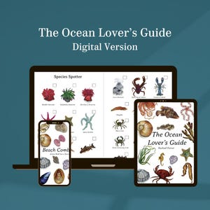 Puede incluir: Una versión digital de "The Ocean Lover's Guide" de Rachael Farrar. La guía presenta ilustraciones de diversas especies marinas, incluyendo estrellas de mar, cangrejos e hipocampos. La guía está disponible en una computadora portátil y una tableta.