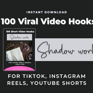 Puede incluir: Una portada de producto de descarga digital con el título "100 Viral Video Hooks" y el subtítulo "100 Short Video Hooks". La portada presenta un libro con el título "Shadow work" y un cristal morado sobre una superficie de madera. El texto "FOR TIKTOK, REELS, SHORTS, VIDEO PINS" también está en la portada.