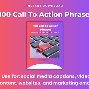 May include: A digital download of 100 call to action phrases for social media content and videos. The image shows a keyboard with a red megaphone on the "Action" key.