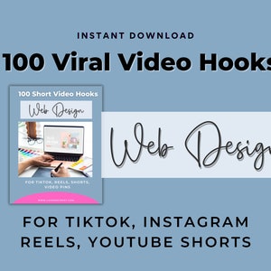 Può includere: Una copertina di prodotto di download digitale rosa e bianca con il testo "100 Viral Video Hooks" e "Web Design" in nero. La copertina include anche il testo "100 Short Video Hooks" e "Per TikTok, Reels, Shorts, Video Pins".