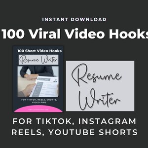 Puede incluir: Una descarga de producto digital de 100 breves ganchos de video para TikTok, Instagram Reels y YouTube Shorts. El producto se titula "Resume Writer" y presenta a una persona sosteniendo un currículum.