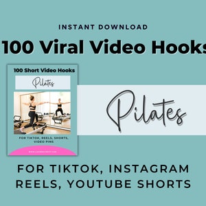 Puede incluir: Una portada de producto de descarga digital rosa y blanca con el texto "100 Viral Video Hooks" y "Pilates" en fuente negra. La portada presenta una foto de una mujer haciendo Pilates en un reformer.