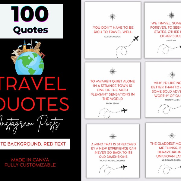 Travel Instagram Quote template. Red and White. Travel Quotes. Social Media Templates. Travel Blogger, Travel Agent Instagram Posts, Travel