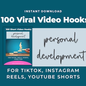 May include: Digital download graphic with the text "100 Viral Video Hooks" and "Personal Development." The image includes a book cover with a person climbing stairs and the words "For TikTok, Reels, Shorts, Video Pins."