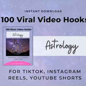 Puede incluir: Una portada de producto digital con fondo morado y estrellas blancas. La portada presenta el texto "100 Viral Video Hooks" en texto negro. El texto "Astrología" está escrito en cursiva en un cuadro blanco. La portada también incluye el texto "100 Short Video Hooks" y "Para TikTok, Reels, Shorts, Video Pins".