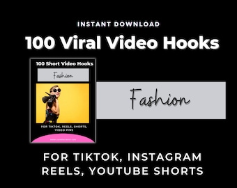 May include: A digital product cover with a pink and white design. The cover features a woman wearing sunglasses and a black dress. The text on the cover reads "100 Short Video Hooks Fashion" and "FOR TIKTOK, REELS, SHORTS, VIDEO PINS".