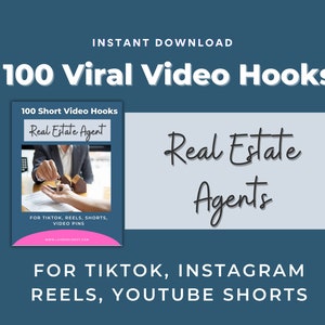 May include: A digital download product cover with a pink and white design. The cover features a photo of a real estate agent handing a house key to a client. The text on the cover reads "100 Short Video Hooks Real Estate Agent" and "FOR TIKTOK, REELS, SHORTS, VIDEO PINS". The text on the background reads "INSTANT DOWNLOAD 100 Viral Video Hooks Real Estate Agents FOR TIKTOK, INSTAGRAM REELS, YOUTUBE SHORTS".