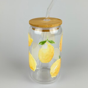 Glass Cup with Bamboo Lid and Glass Straw - Lemon Print - Iced Coffee Cup - Travel Cup - Glass Can