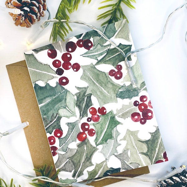 Watercolor Holly Christmas Card - Mistletoe - Blank Inside - Kraft Envelope