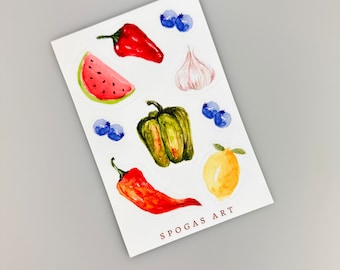 Fruit and Veggie Sticker Sheet - Vinyl Sticker Sheet - Watercolor Stickers - 4x6 Sticker Sheet