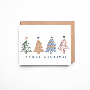Merry Christmas Card - Modern Colorful Christmas Trees - Blank Inside - Kraft Envelope