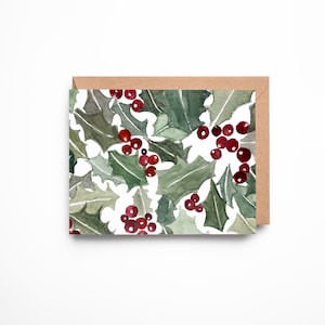 Tarjeta de Navidad de acebo de acuarela - muérdago - interior en blanco - sobre Kraft