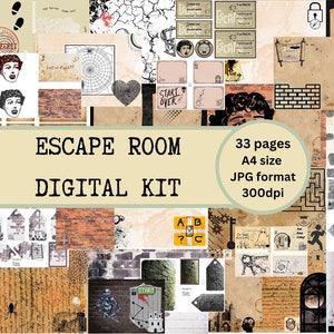Escape Room Junk Journal & Scrapbook Papier Kit, bedruckbar, digitale Kartenherstellung, ideal für Folios. Puzzle, Detektiv, Grusel, Halloween 300dpi