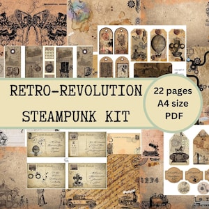Retro-Revolution Steampunk Mechanical Victorian Industrial printable 22 page junk journal papercraft kit