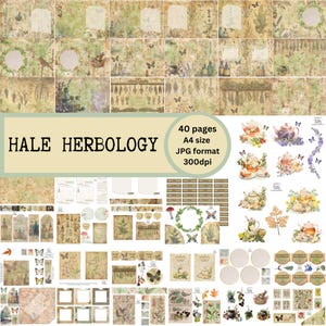 Kit de artesanato em papel com tema de ervas digitais Hale Herbology Junk Journal & Scrapbook, páginas de fundo e itens efêmeros, criação de cartões, fólios, jpg de 300 dpi